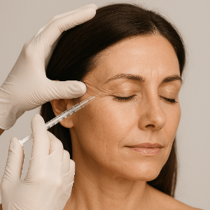 Close-up of a woman receiving a Botox injection near the crow’s feet area by a gloved medical professional